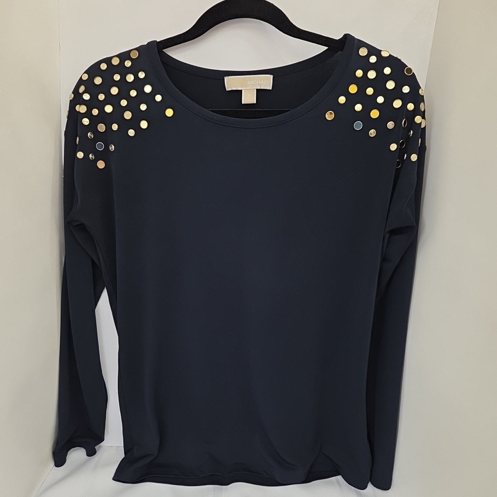MICHAEL Michael Kors Navy Blue Long Sleeve Top with Gold Studs Size M